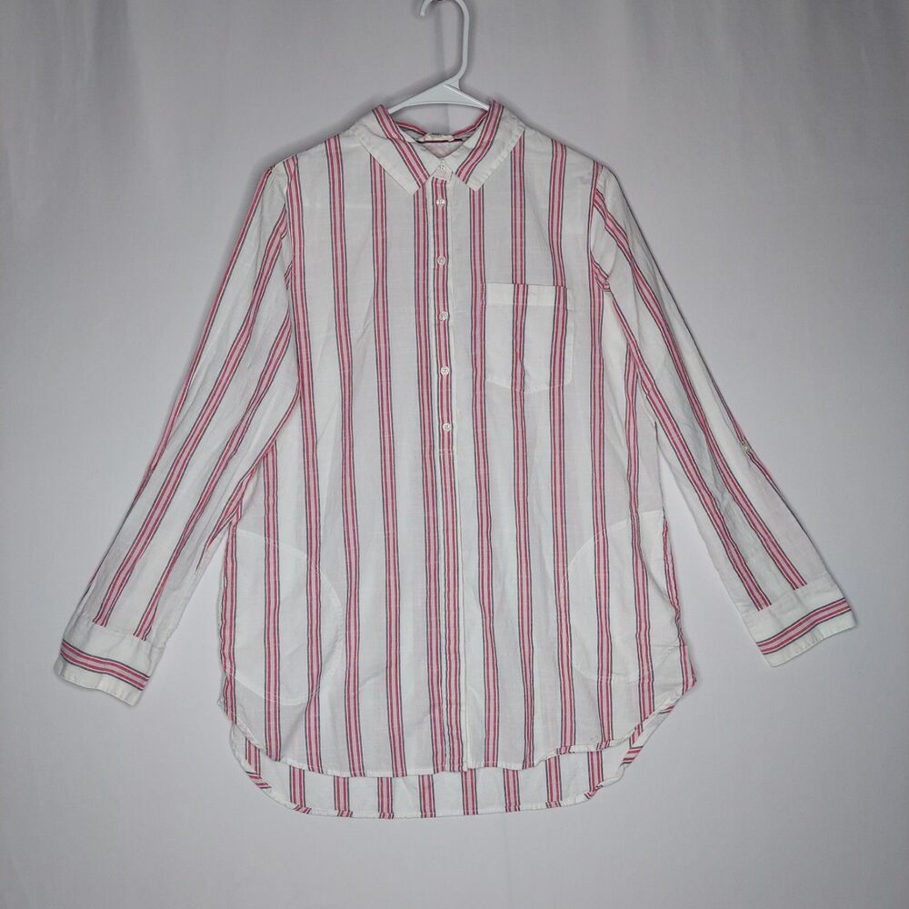 Fat Face Tunic Button Shirt Women 8 White Red Blue Stripe Collar Long Roll Tab